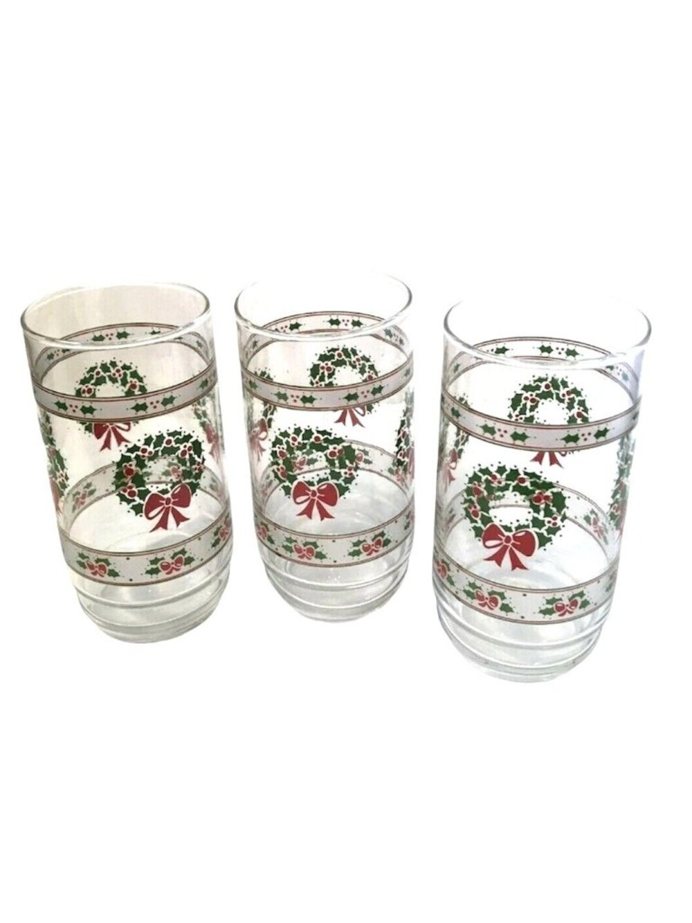 Christmas Glass Set Holly Wreath & Berry Pattern 12 oz Tumblers Vintage Libbey